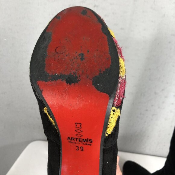 Artemis Suede Boots Womens 8.5 Black Leather Embroidery Heels Boho Retro 70s - Picture 12 of 16